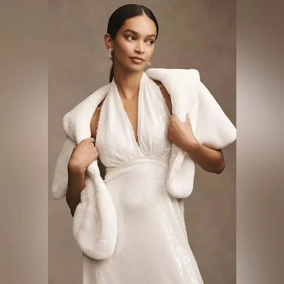 BHLDN NWOT Maxime Faux Fur Satin-Lined Wrap Balero Shawl white Anthropologie - Picture 3 of 3